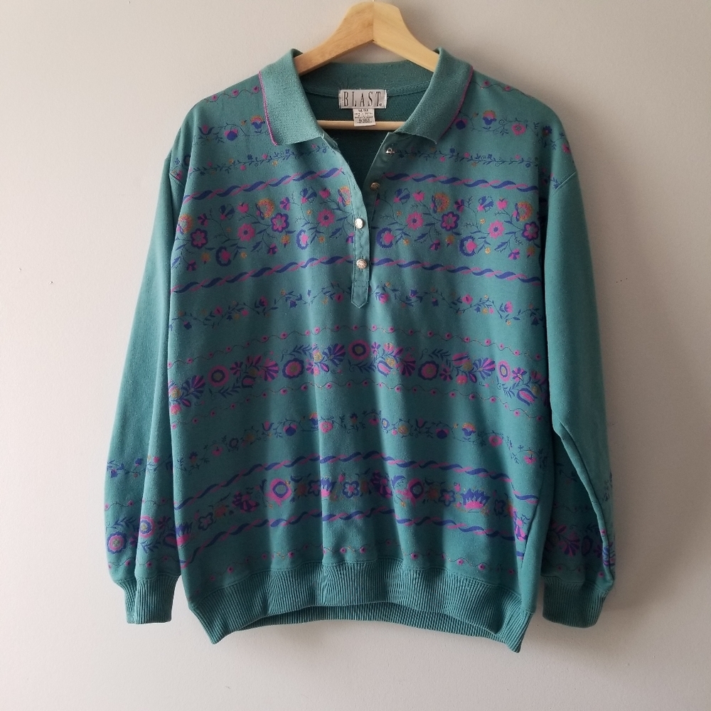 Vintage 80s Floral Printed Teal Collared Pullovet Medium